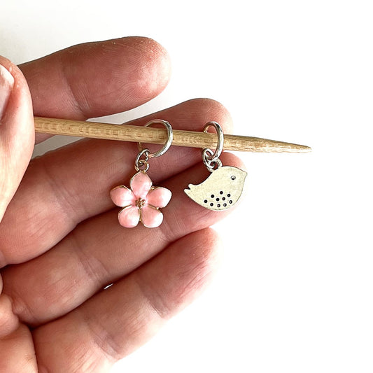 'cherry blossoms & song bird duo (2) ' enamel stitch markers by pretty warm designs | Wabi Sabi