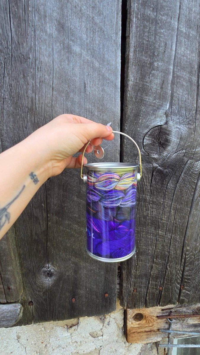 Blue Flag Iris (Quebec) provincial flowers paint cans by Koigu Wool Designs at Wabi Sabi