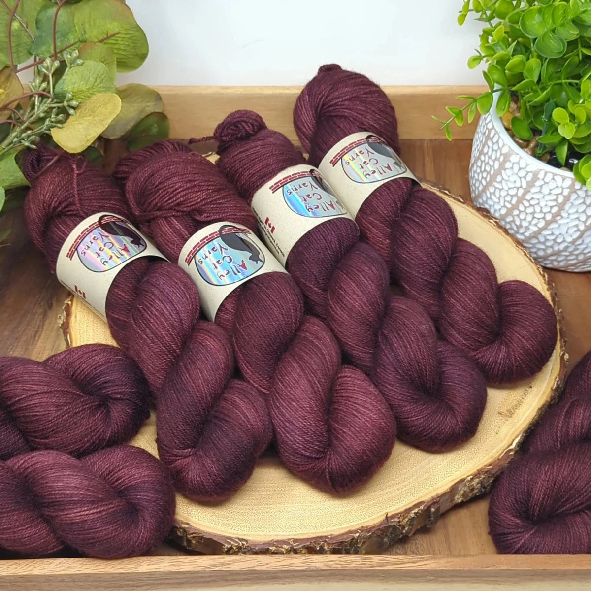 Burgundy leo bfl by alley cat yarns at Wabi Sabi