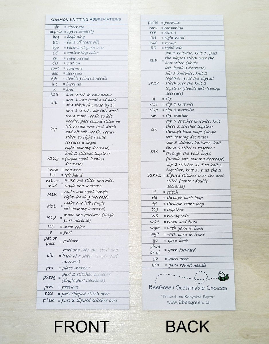 knitting abbreviations bookmark by BeeGreen & CraftsPlannersPlus at Wabi Sabi