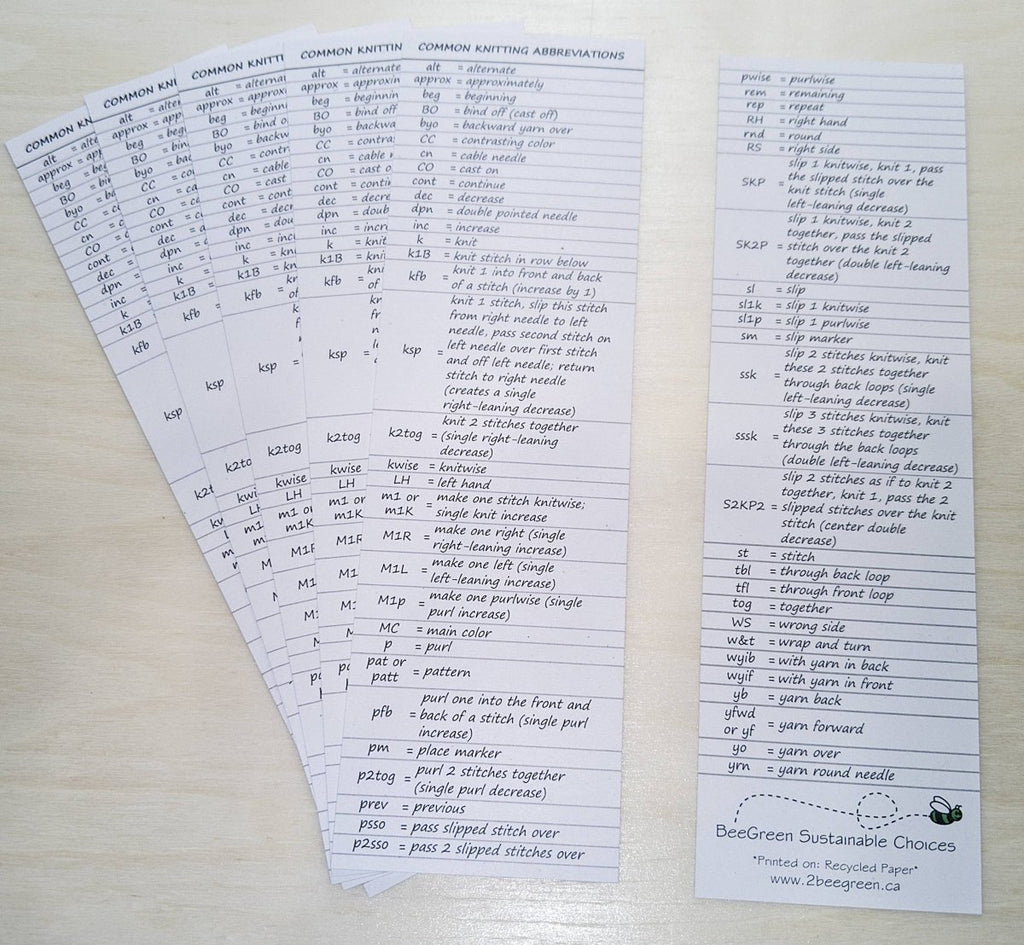 knitting abbreviations bookmark by BeeGreen & CraftsPlannersPlus at Wabi Sabi