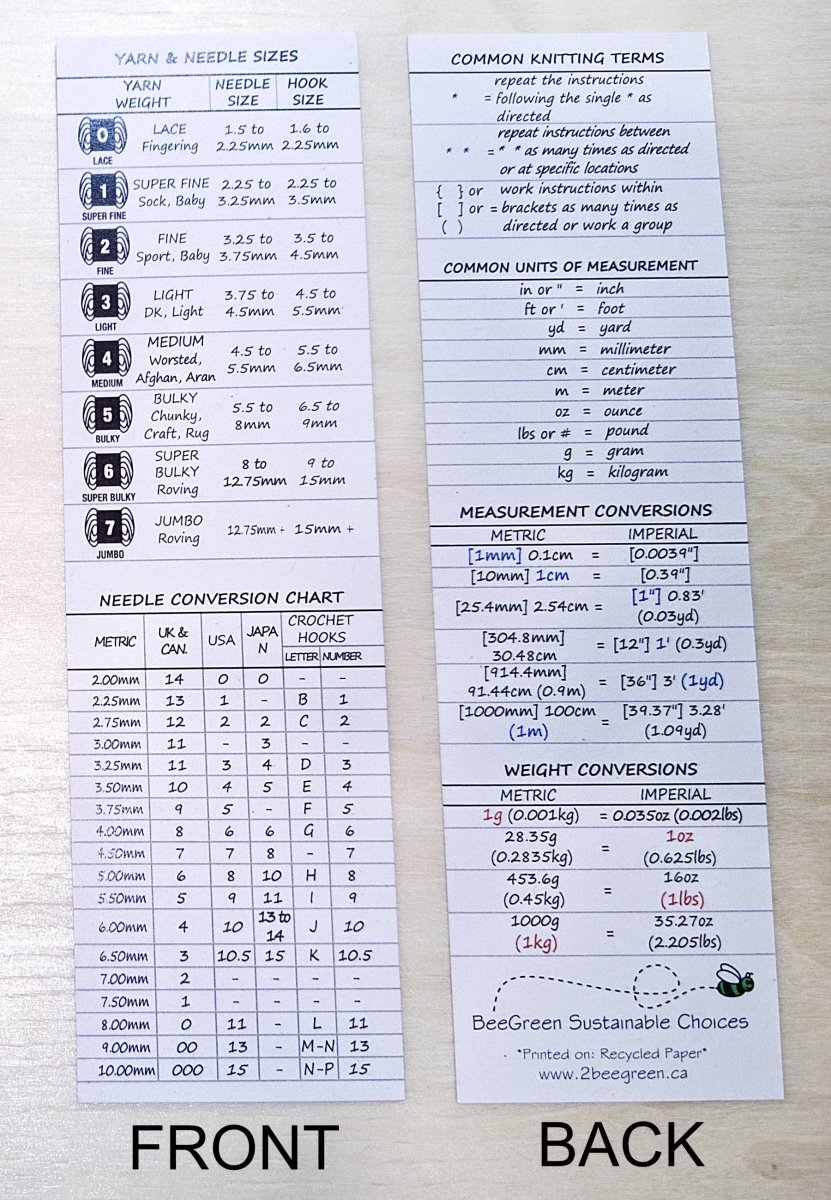 knitting terms, sizes & conversions bookmark by BeeGreen & CraftsPlannersPlus at Wabi Sabi