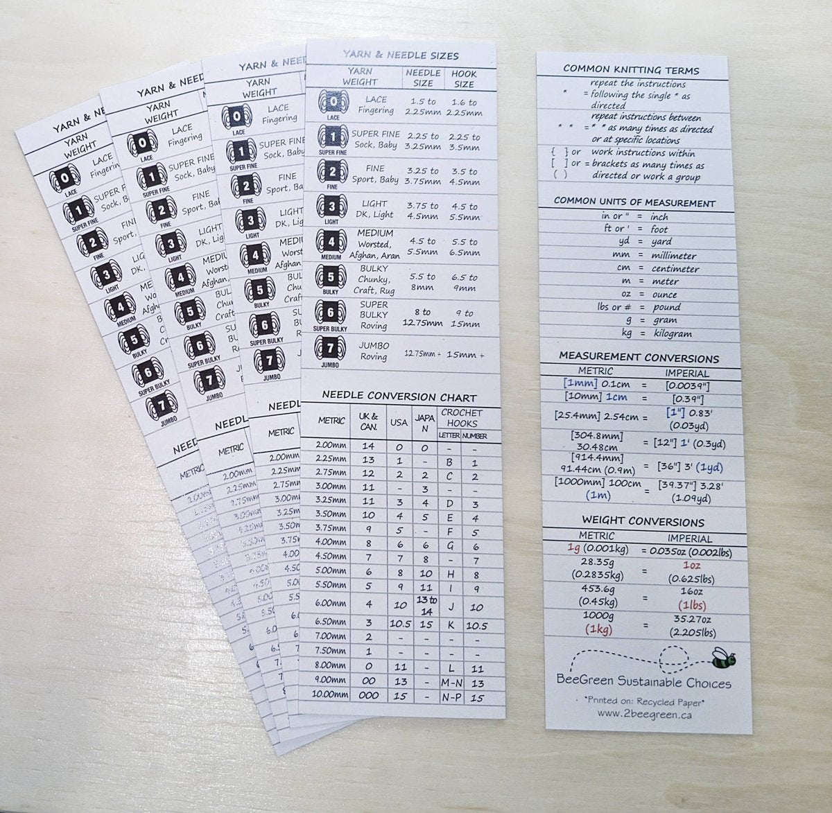 knitting terms, sizes & conversions bookmark by BeeGreen & CraftsPlannersPlus at Wabi Sabi