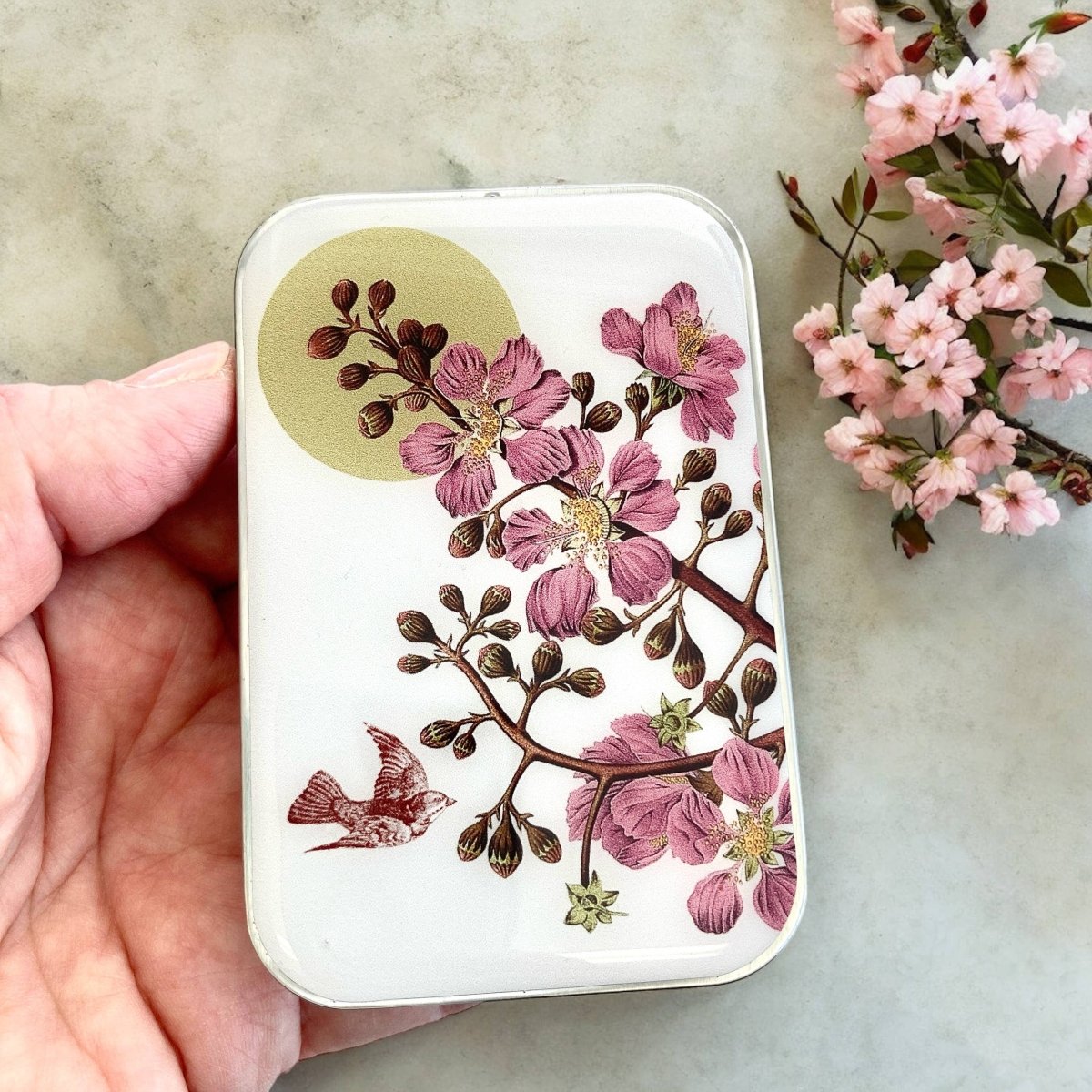 Large Cherry Blossom & Swallow Notions Tin by Firefly Notes at Wabi Sabi