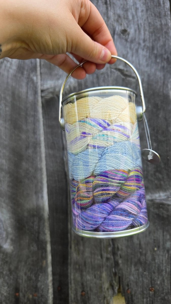 Prairie Crocus (Manitoba) provincial flowers paint cans by Koigu Wool Designs at Wabi Sabi