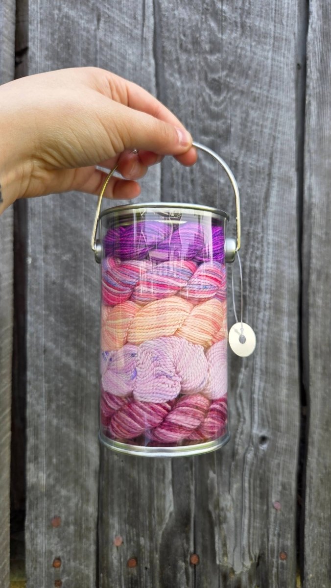 Purple Saxifrage (Nunavut) provincial flowers paint cans by Koigu Wool Designs at Wabi Sabi