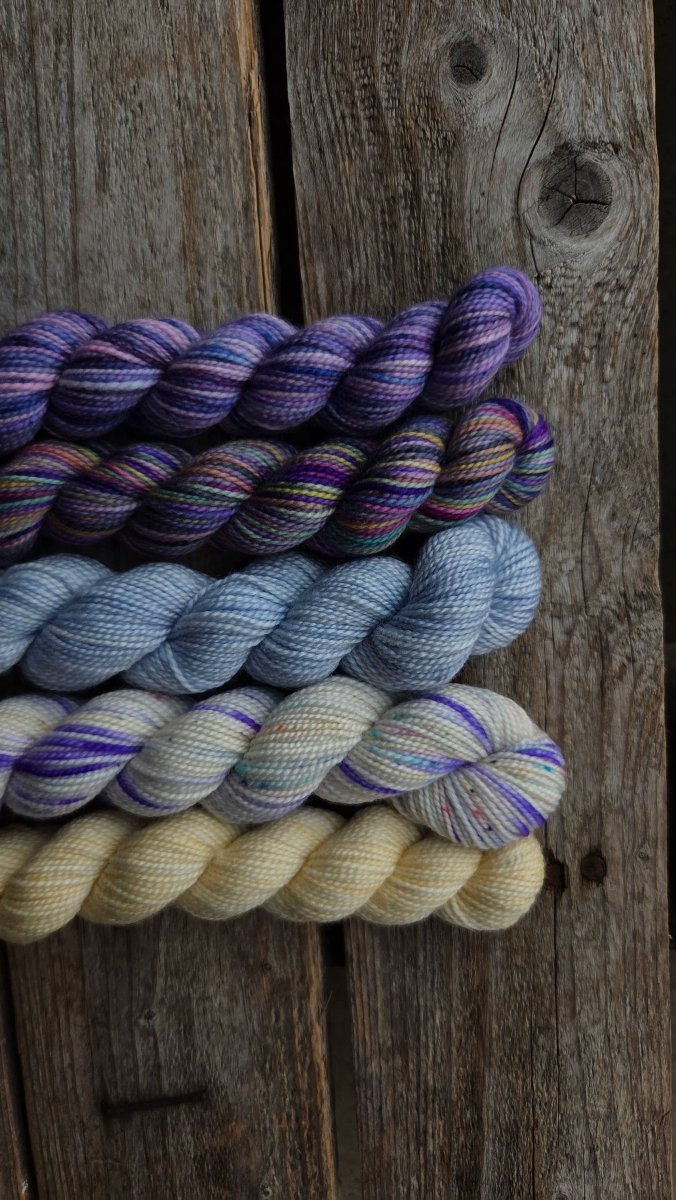 Purple Violet (New Brunswick) provincial flowers paint cans by Koigu Wool Designs at Wabi Sabi