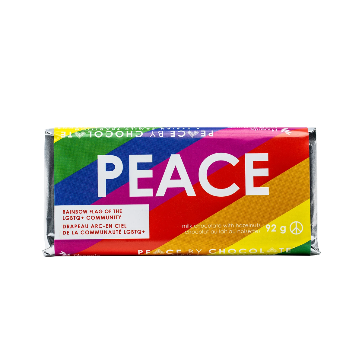 rainbow pride bar: hazelnut & milk chocolate: 92g by peace by chocolate at Wabi Sabi